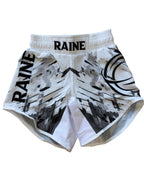 Kids Artic BJJ Shorts with geometric pattern and the brand name 'RAINE' across the waistband.