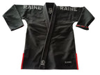 A black competition gi with the brand name Raine visible on the collar and the fabric.