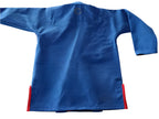 A blue competition gi with red lining on a white background