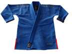 A blue competition gi with the brand name Raine visible on the collar and the fabric.