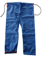 A pair of blue competition gi pants with red lining on a white background