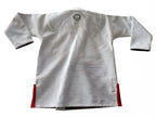 Back of a white competition gi with red lining on a white background