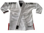 A whitecompetition gi with the brand name Raine visible on the collar and the fabric.