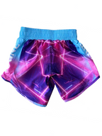 Kids Tron Edition BJJ Shorts with geometric patterns in pink, blue, and purple colors.