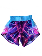 A pair of Kids Tron Edition BJJ Shorts with geometric patterns in pink, blue, and purple colors.