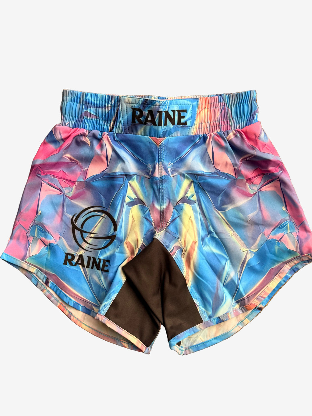 Colorful tie-dye shorts with 'Raine' branding 