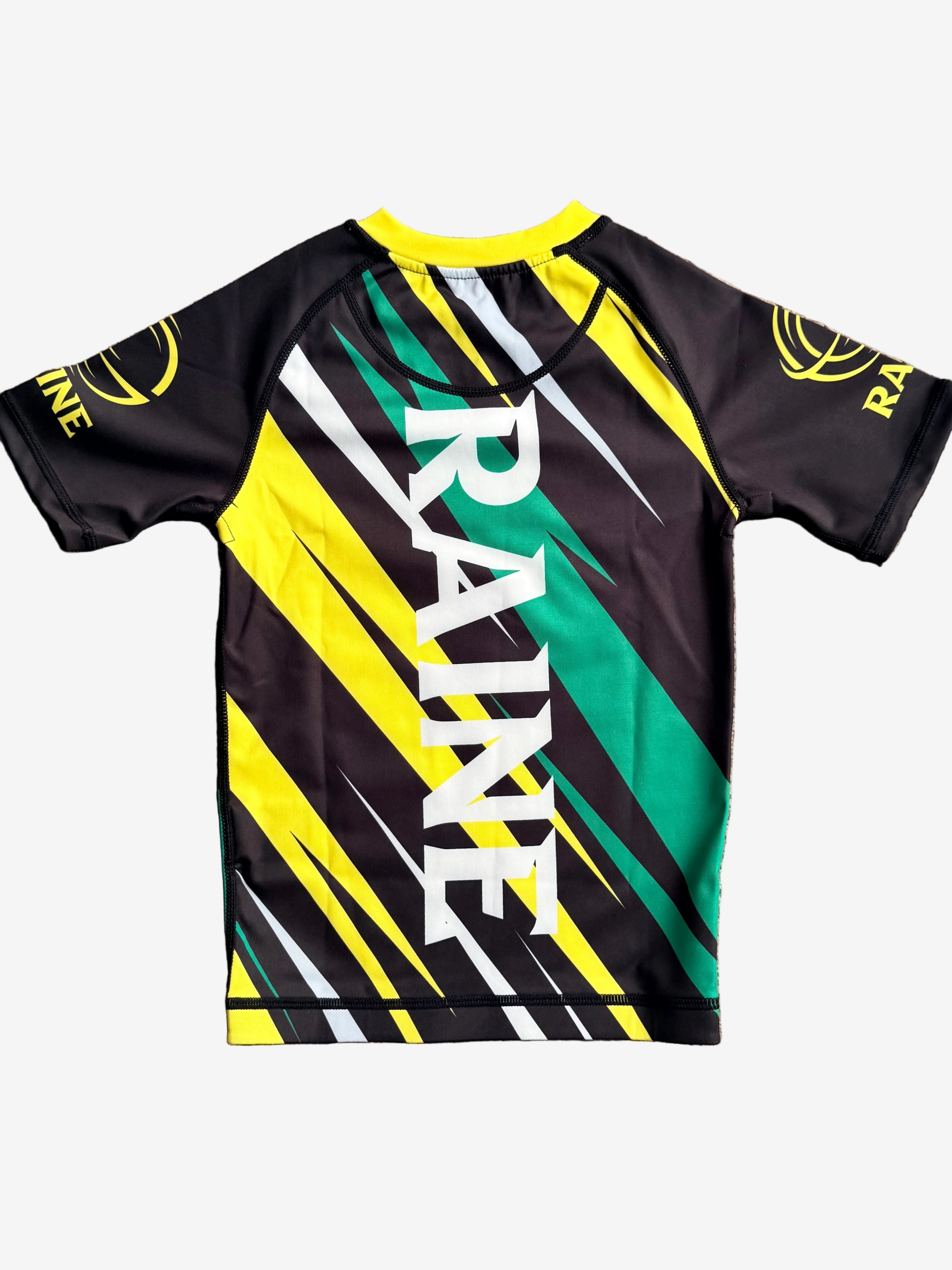 Colorful rashguard with 'Raine' branding 