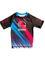 Colorful rashguard with 'Raine' branding on a white background