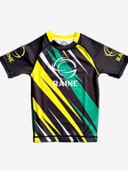 Black and yellow rashguard with 'Raine' branding 