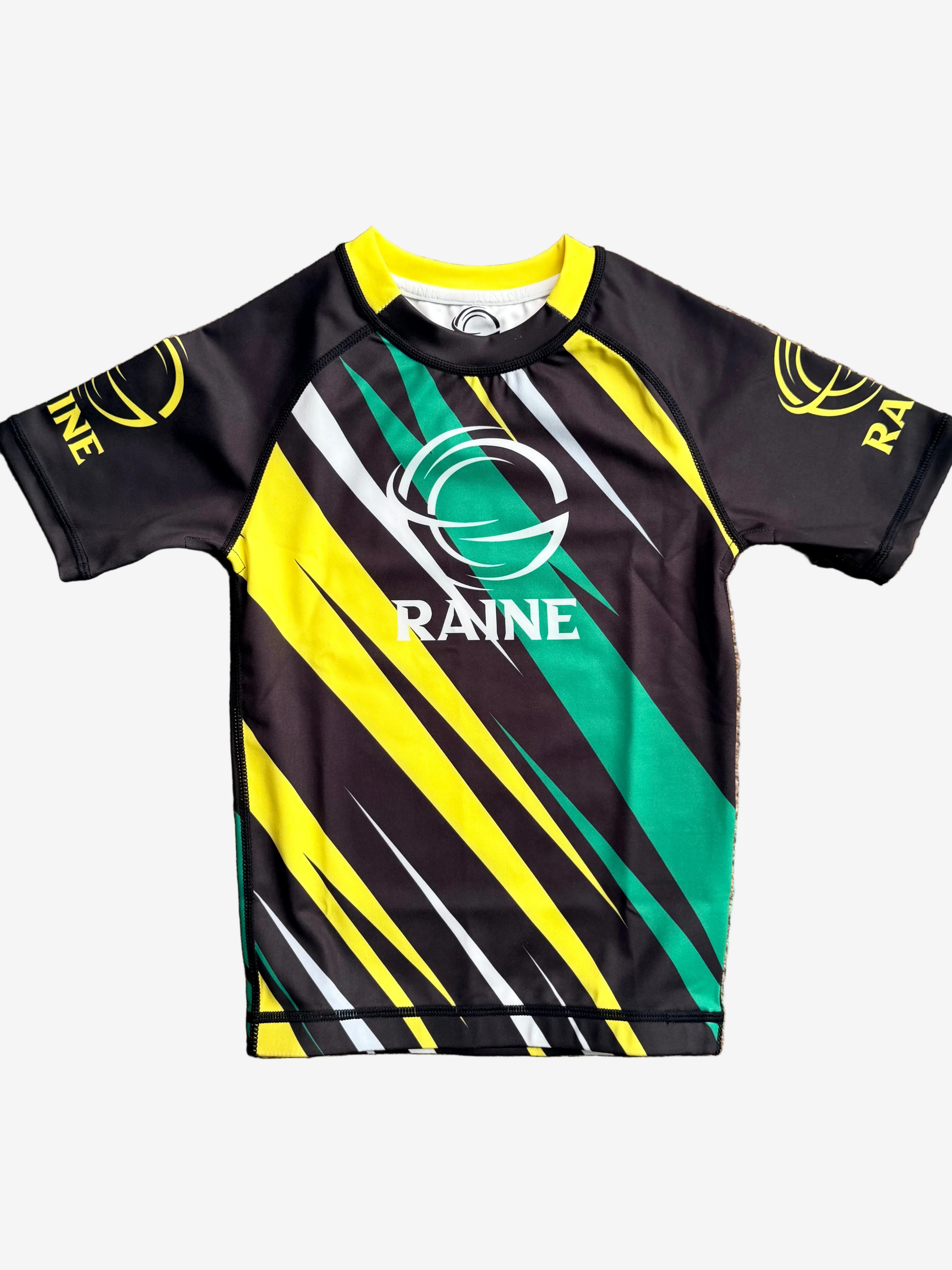Black and yellow rashguard with 'Raine' branding 