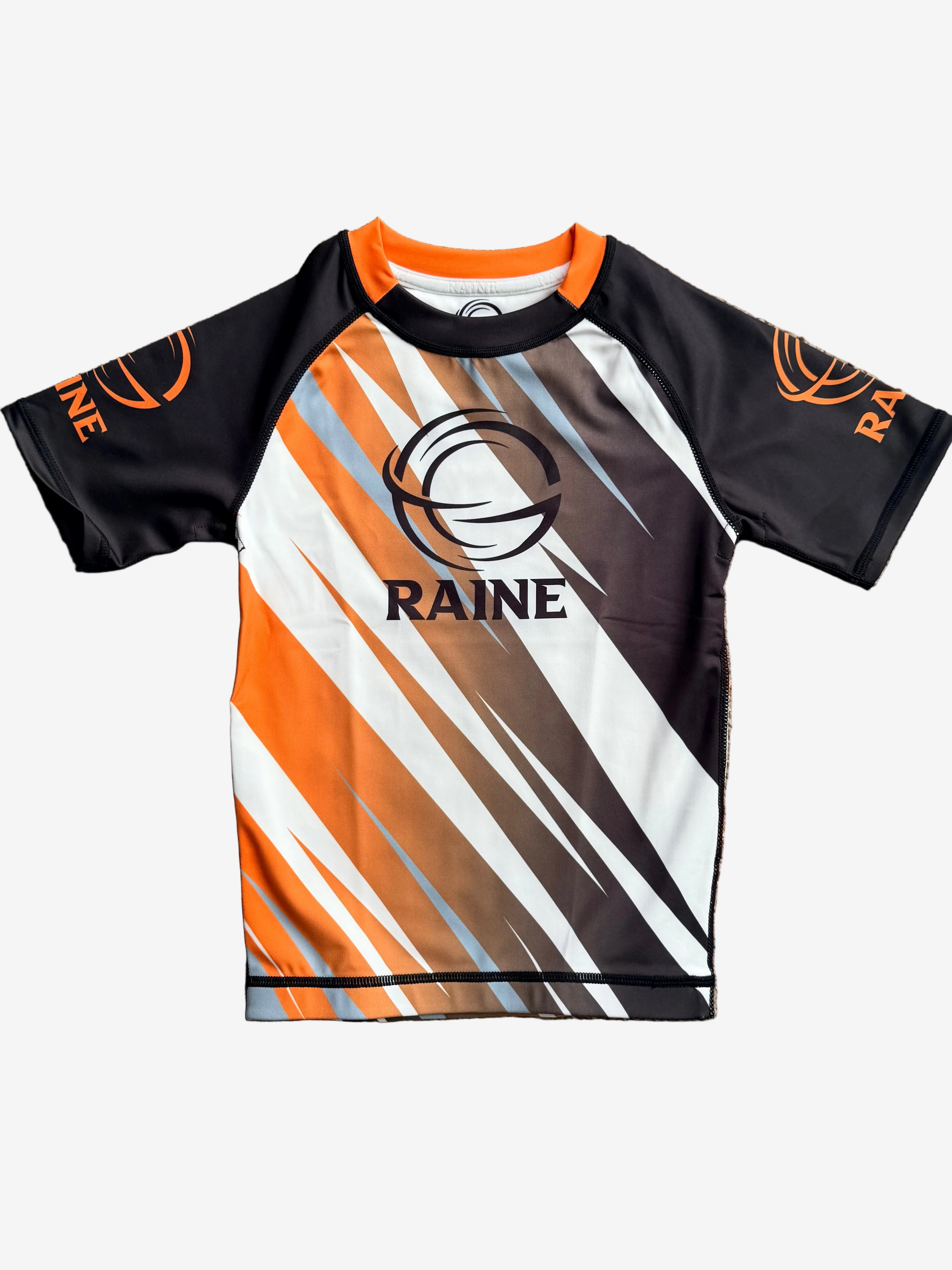 rashguard with black orange stripe design 