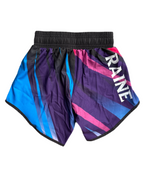 Colorful shorts with 'RAINE' branding on a white background