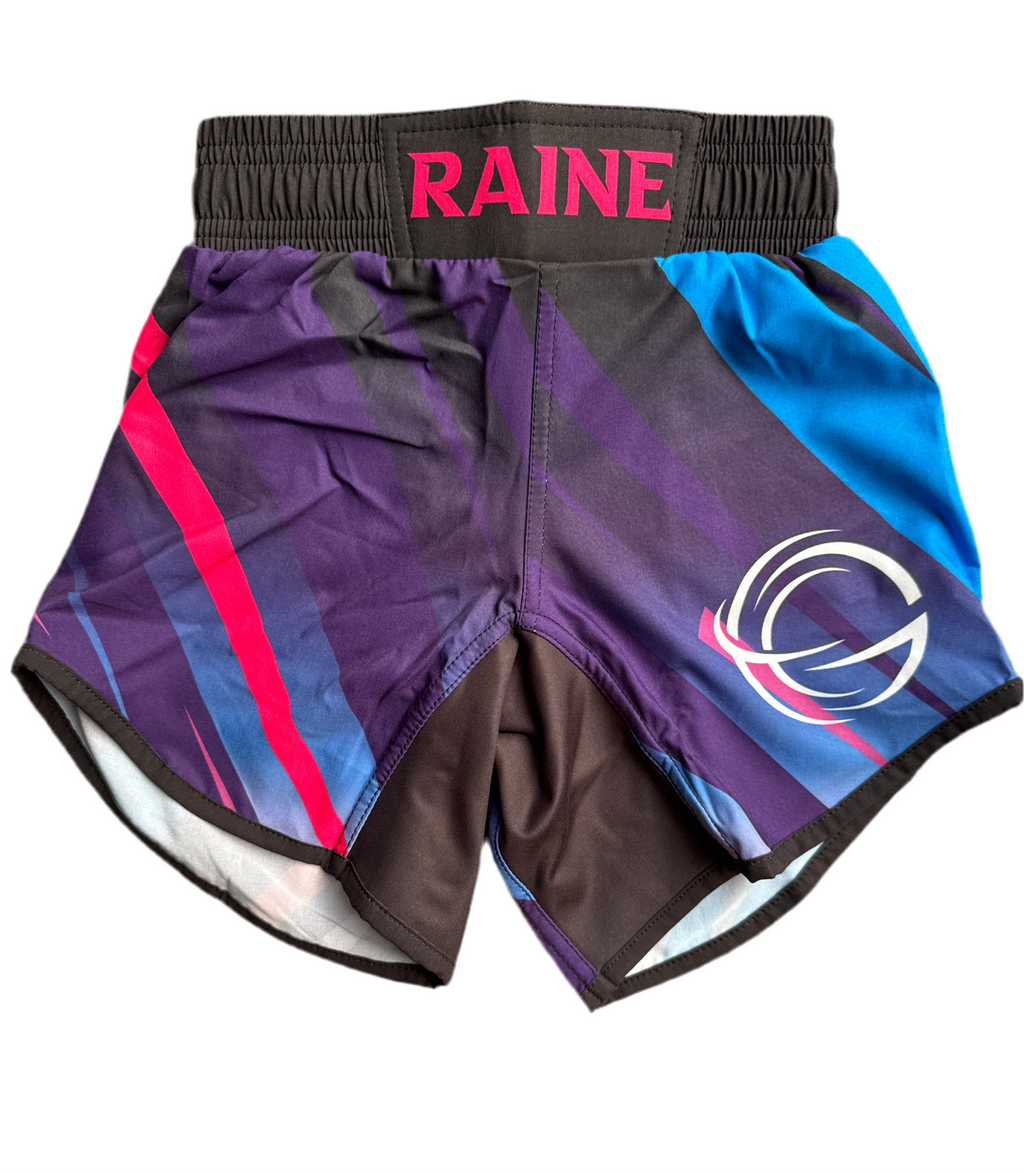 Colorful athletic shorts with 'RAINE' branding on a white background