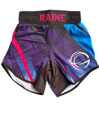 Colorful athletic shorts with 'RAINE' branding on a white background