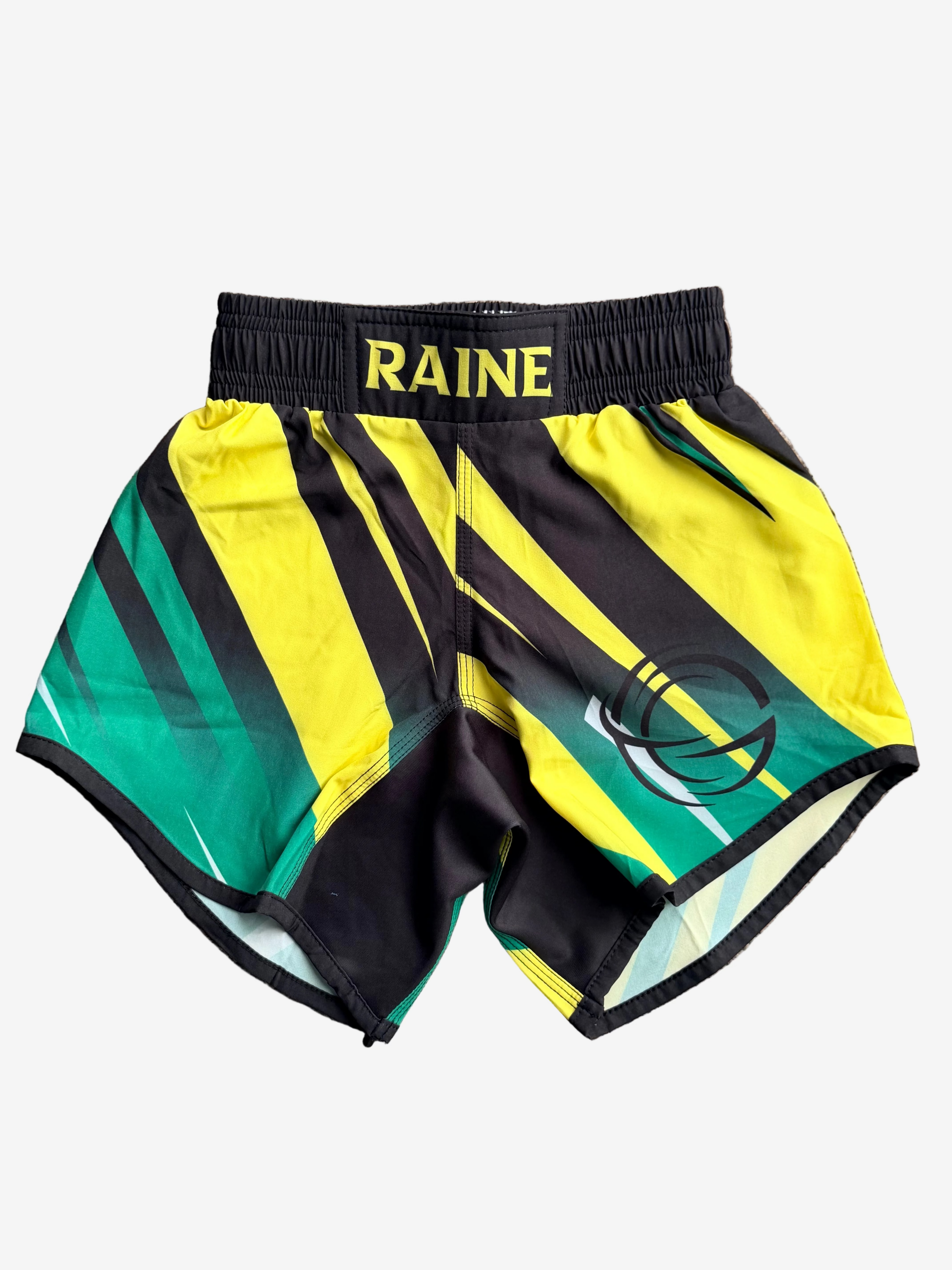 Colorful athletic shorts with 'RAINE' branding on a white background
