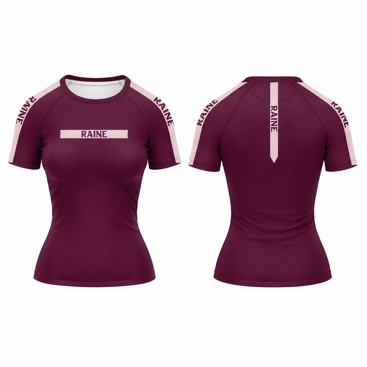 Front and back views of a women's short-sleeve athletic jersey in deep burgundy with light pink sleeve panels and trim, featuring the name 'RAINE' printed on the chest and along the sleeves, and a vertical 'RAINE' mark on the back.