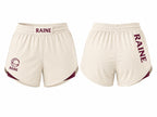 Front and back views of cream athletic shorts with maroon trim and 'RAINE' branding, displayed on a plain white background.