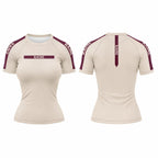 Front and back views of a women's short-sleeve athletic top in beige with maroon shoulder panels and sleeve text, featuring 'RAINE' printed on the chest and down the back.