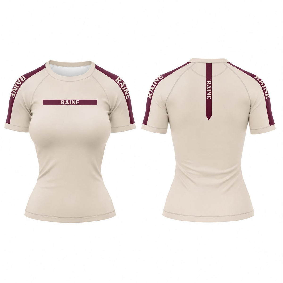 Front and back views of a women's short-sleeve athletic top in beige with maroon shoulder panels and sleeve text, featuring 'RAINE' printed on the chest and down the back.