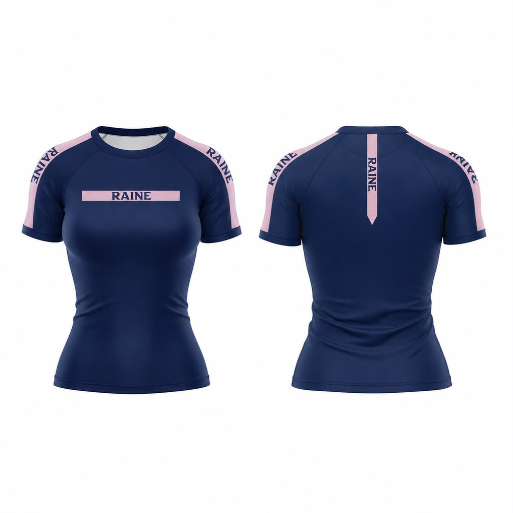 Front and back views of a women's short-sleeve athletic top in navy blue with light pink shoulder panels and vertical pink details, featuring the brand name 'RAINE' printed on the chest and sleeves.