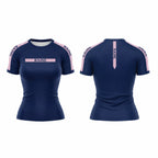 Front and back views of a women's short-sleeve athletic top in navy blue with light pink shoulder panels and vertical pink details, featuring the brand name 'RAINE' printed on the chest and sleeves.