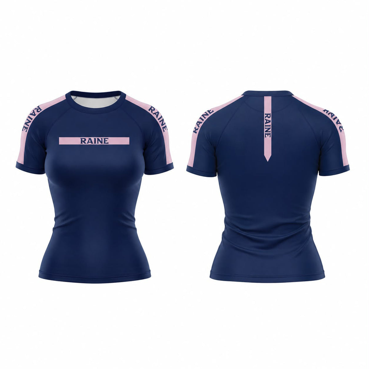 Front and back views of a women's short-sleeve athletic top in navy blue with light pink shoulder panels and vertical pink details, featuring the brand name 'RAINE' printed on the chest and sleeves.