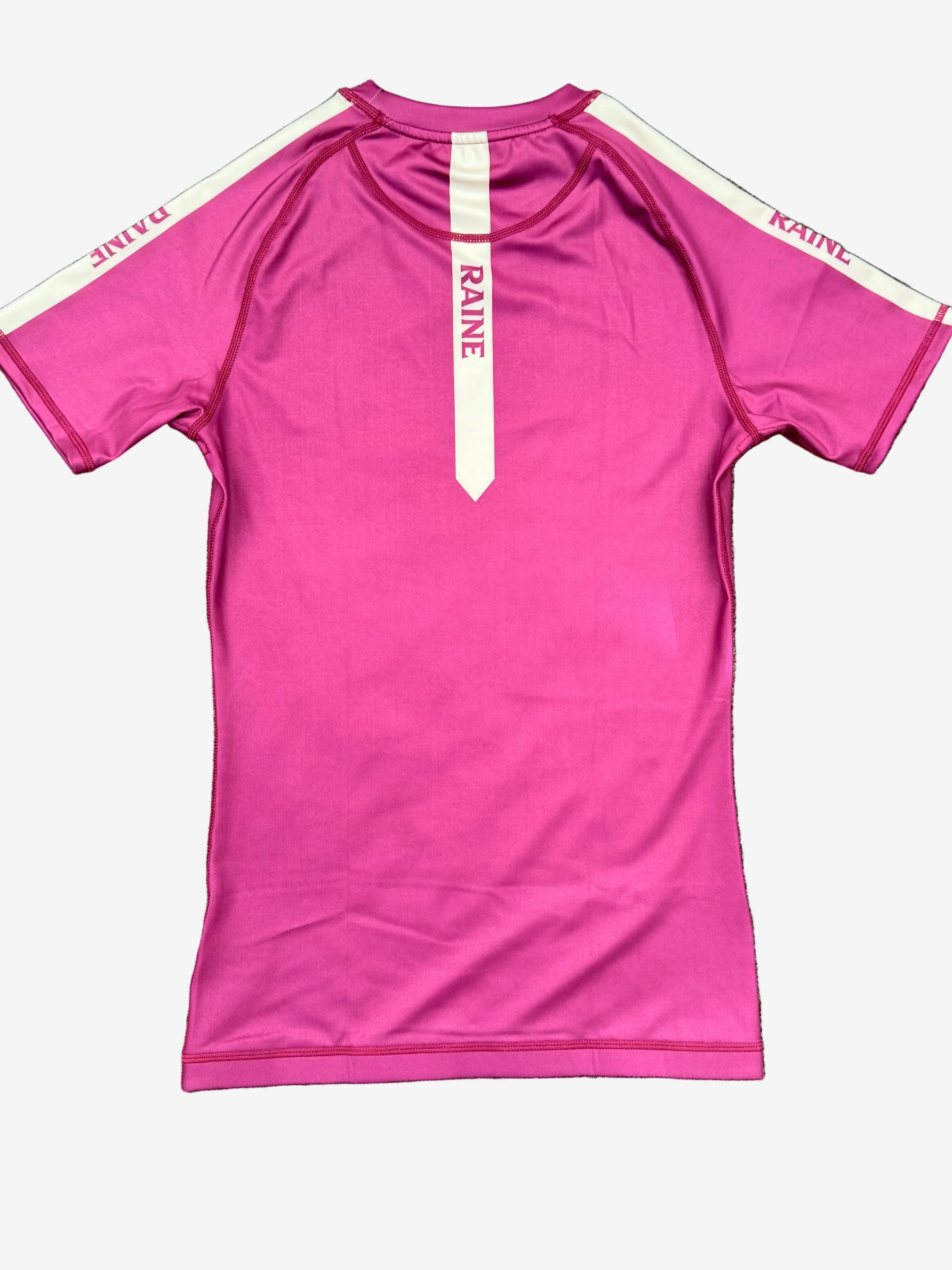 burgundy rashguard with 'Raine' branding 