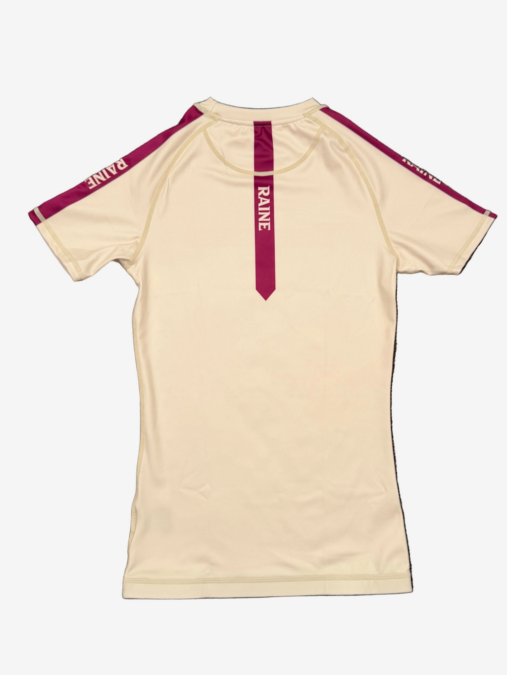 ivory rashguard  with burgundy raine branding accents 