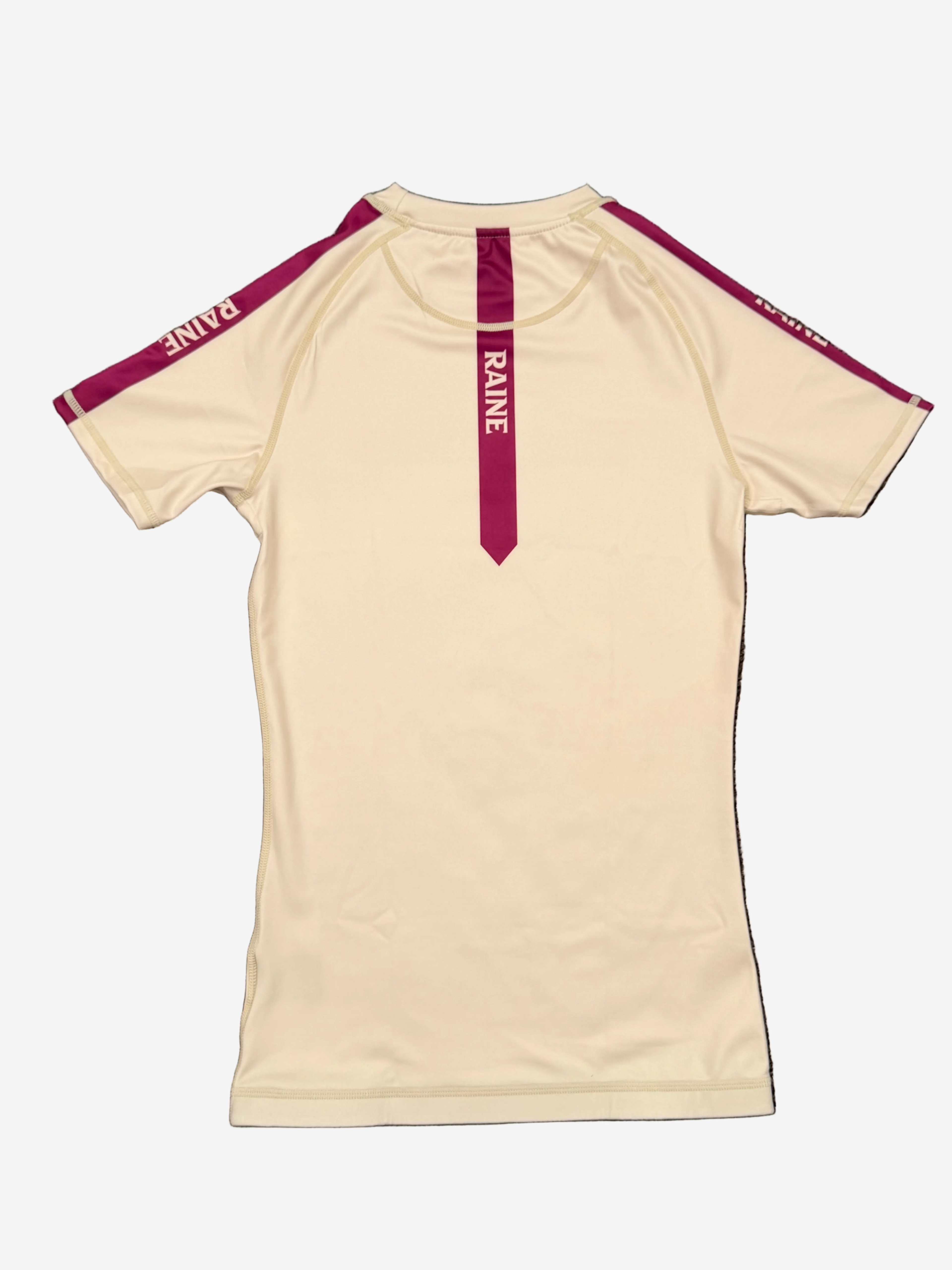 ivory rashguard  with burgundy raine branding accents 