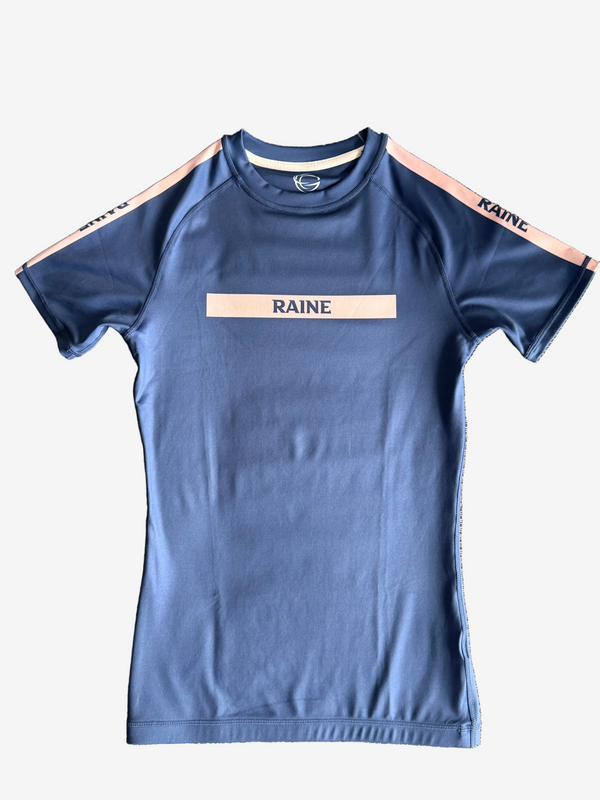 navy rashguard with 'RAINE' branding 