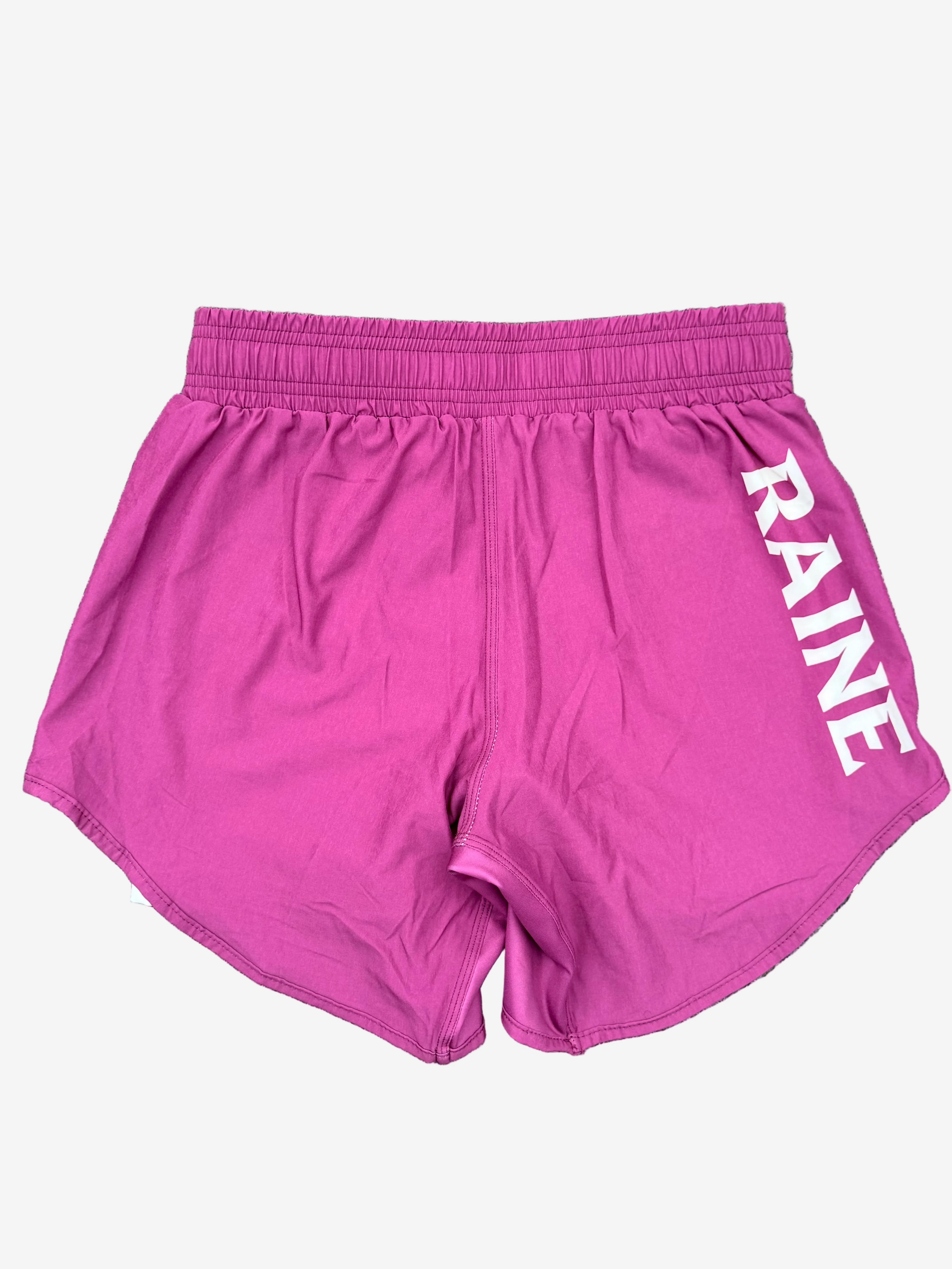 burgundy shorts with 'RAINE' branding 