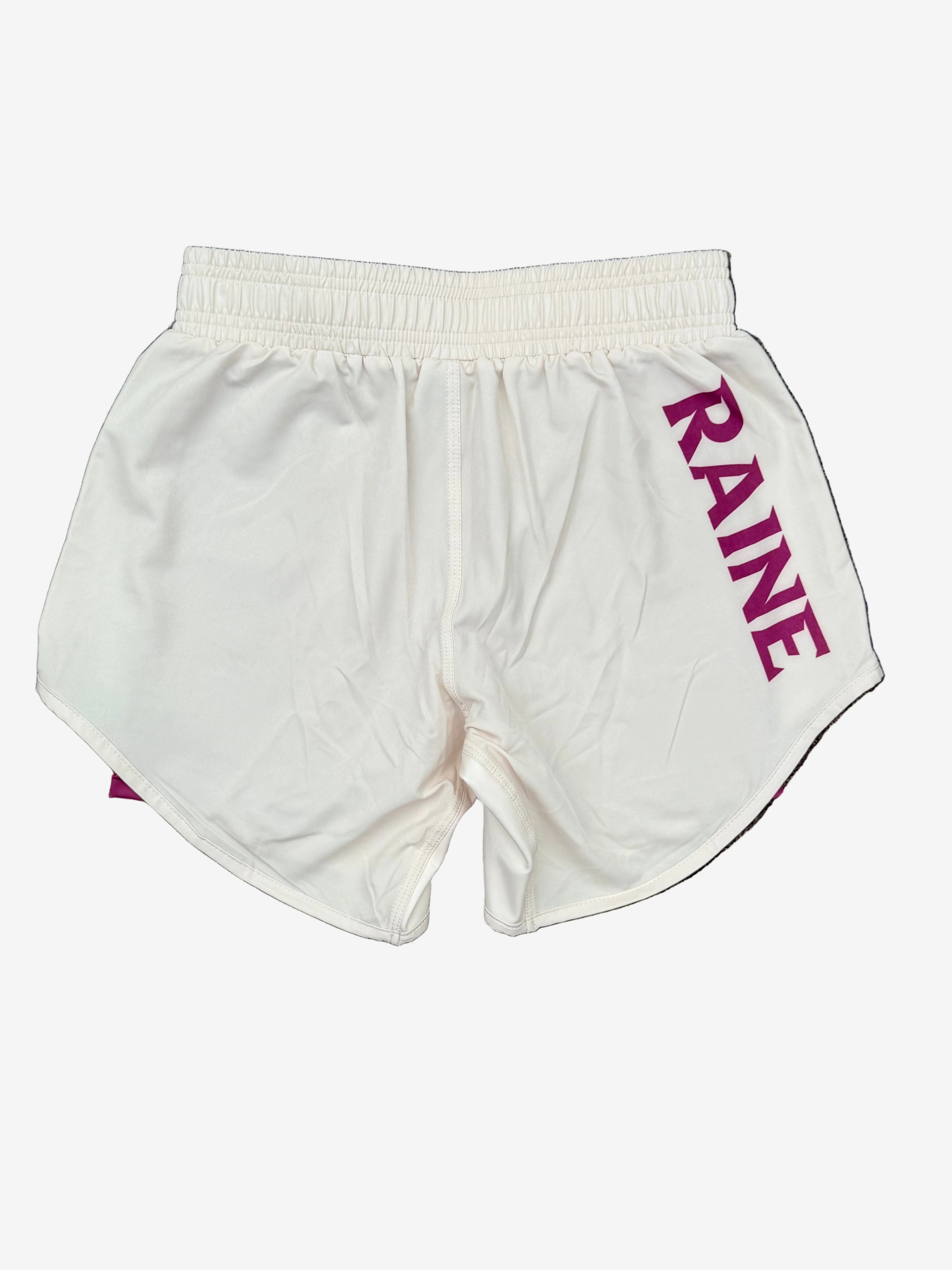 Ivory white with burgundy raine branding shorts