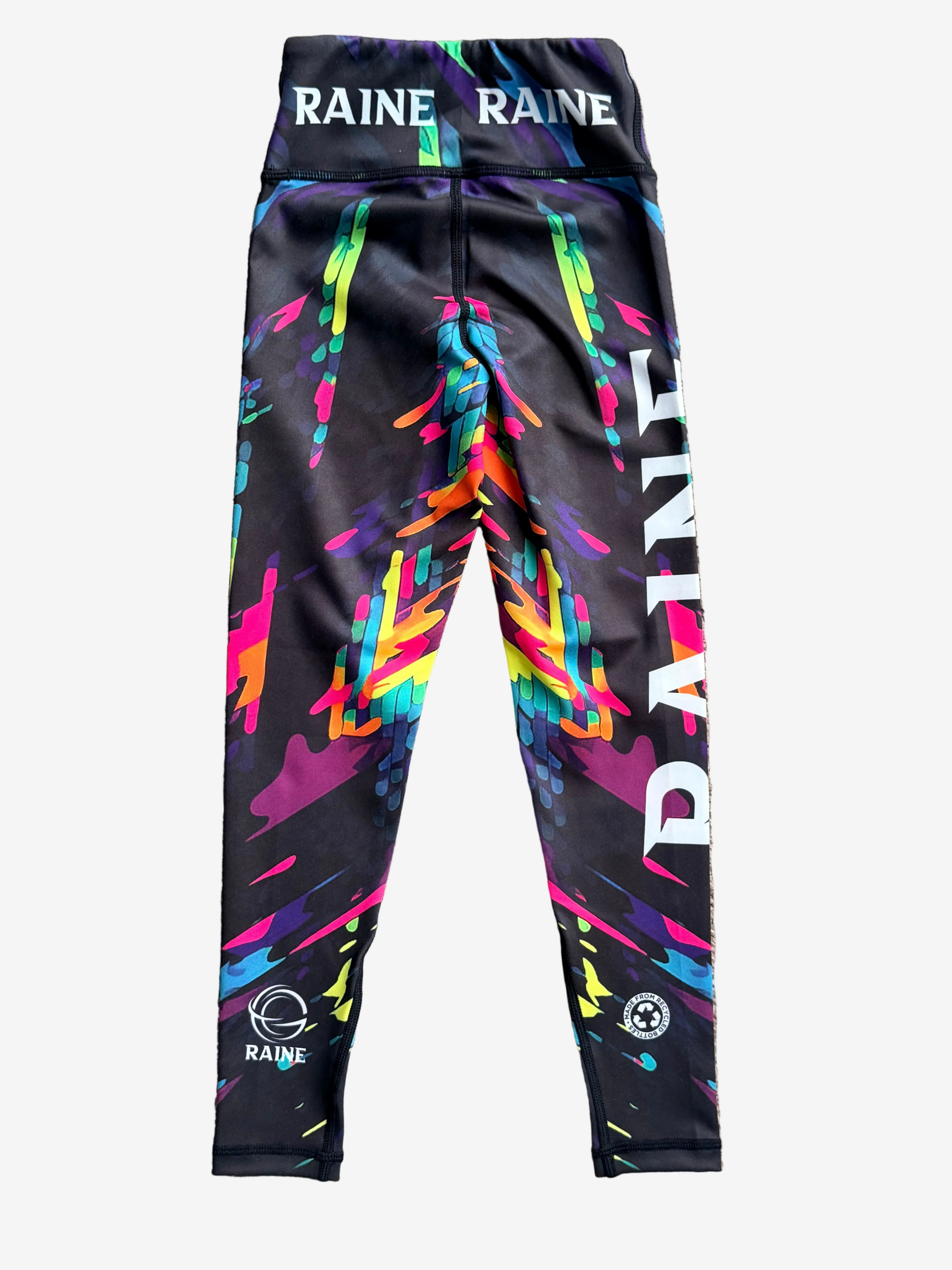 Colorful leggings with 'Raine' branding 