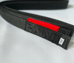 A black hemp BJJ belt with a red patch showing the brand name 'RAINE' and a size label 'A2'.